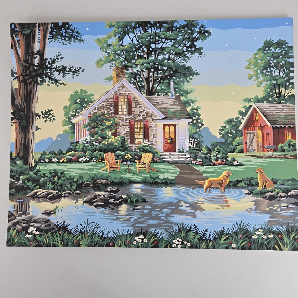 Summer‎ Cottage Paint By Number Finished Acrylic Painting Golden Dogs Lake 20x16